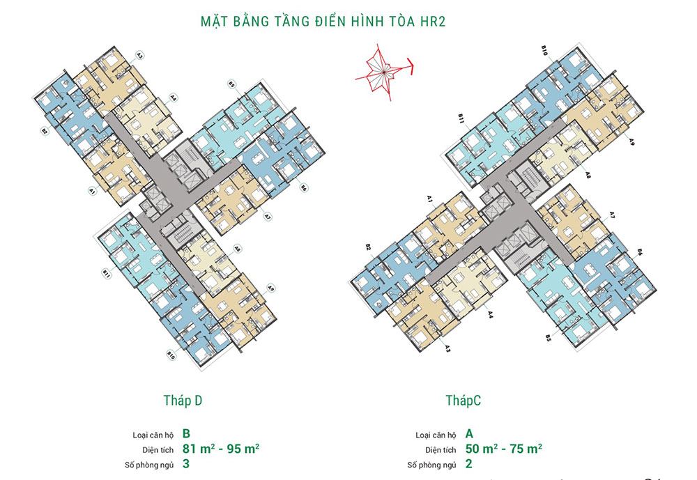 Mặt bằng tầng điển hình block căn hộ HR2. Mặt bằng tầng điển hình block căn hộ HR2.