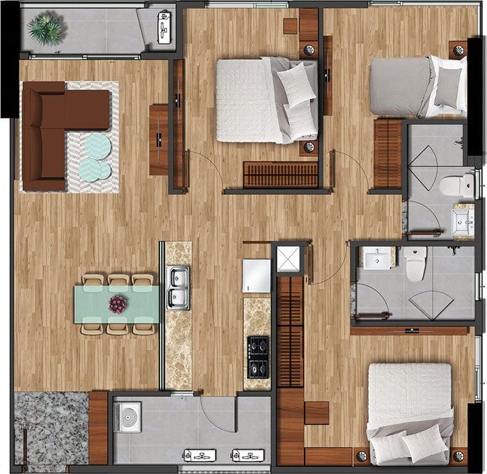 Mặt bằng căn hộ Akari diện tích 100.11m2. Mặt bằng căn hộ Akari diện tích 100.11m2.