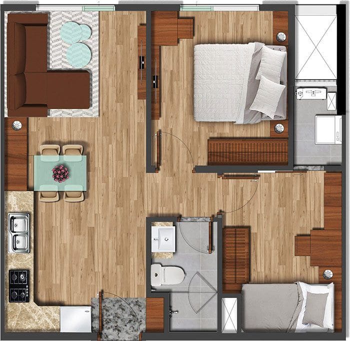 Mặt bằng căn hộ Akari diện tích 56m2. Mặt bằng căn hộ Akari diện tích 56m2.