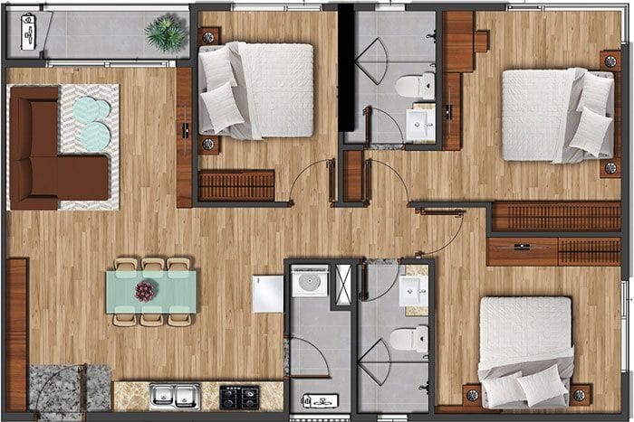 Mặt bằng căn hộ Akari diện tích 97.28m2. Mặt bằng căn hộ Akari diện tích 97.28m2.