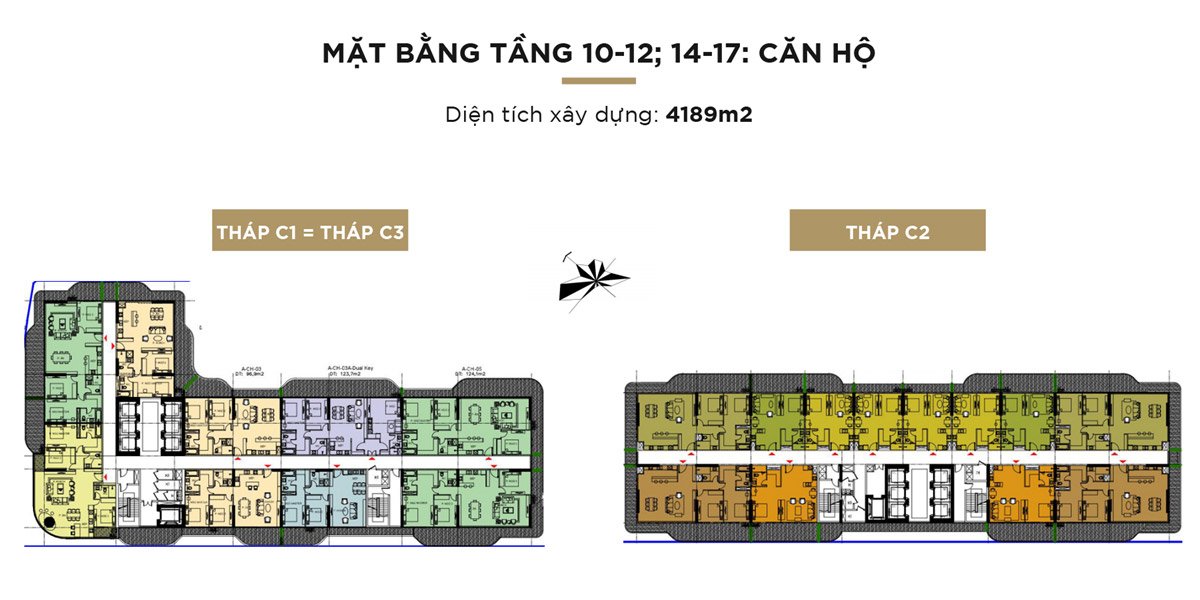 Mặt bằng tầng điển hình từ tầng 10 đến tầng 12 và từ tầng 14 đến tầng 17 là căn hộ để ở thông thường .
