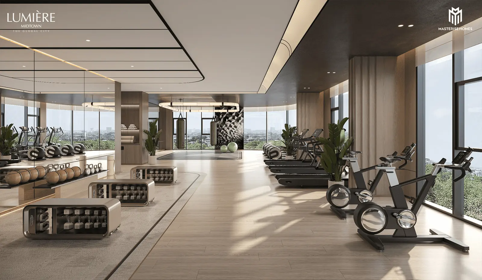 Phòng gym tại LUMIÈRE Midtown mang đến không gian tập luyện hiện đại và tiện nghi, đậm phong cách New York.