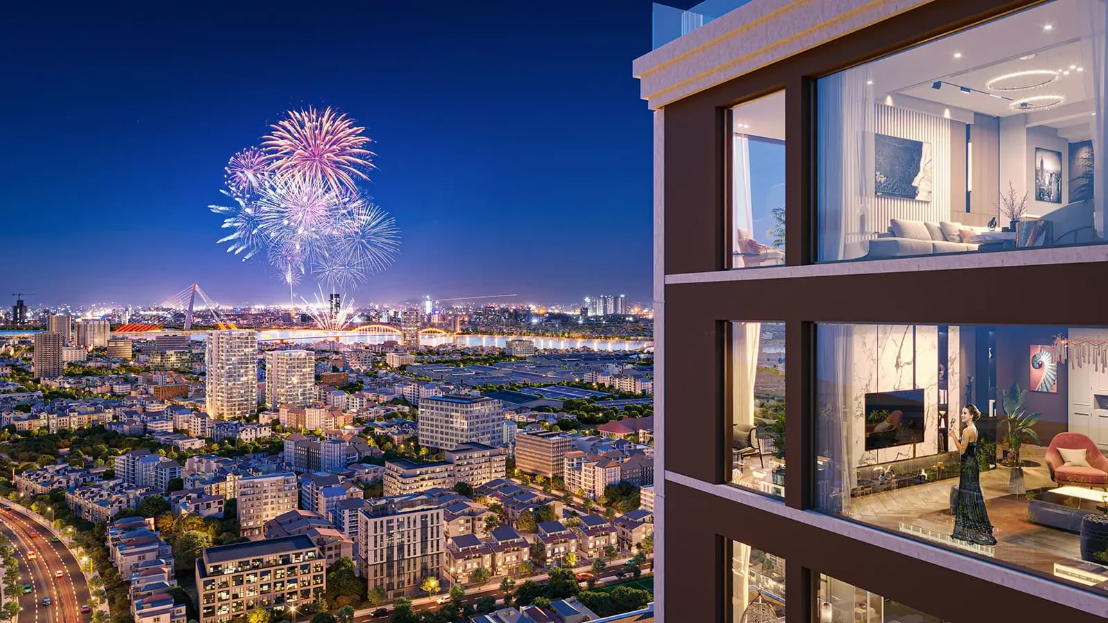 View pháo hoa quốc tế DIFF từ ban công Sun Costa Residences Đà Nẵng – nơi cuộc sống thăng hoa giữa trung tâm.